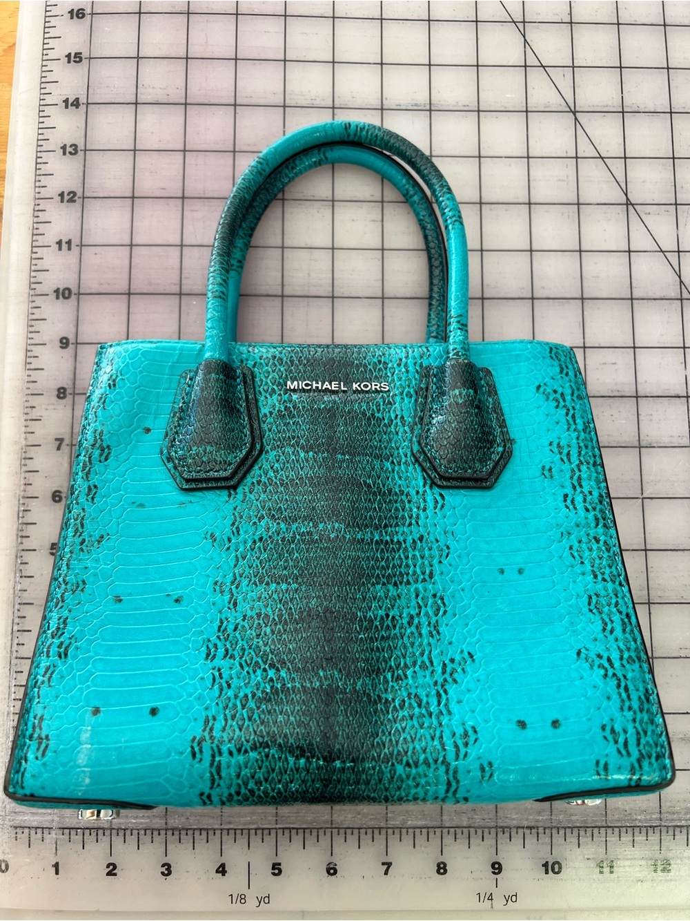 Michael Kors Teal Turquoise Snake-Embossed small handbag purse with strap MK bag - Picture 6 of 8